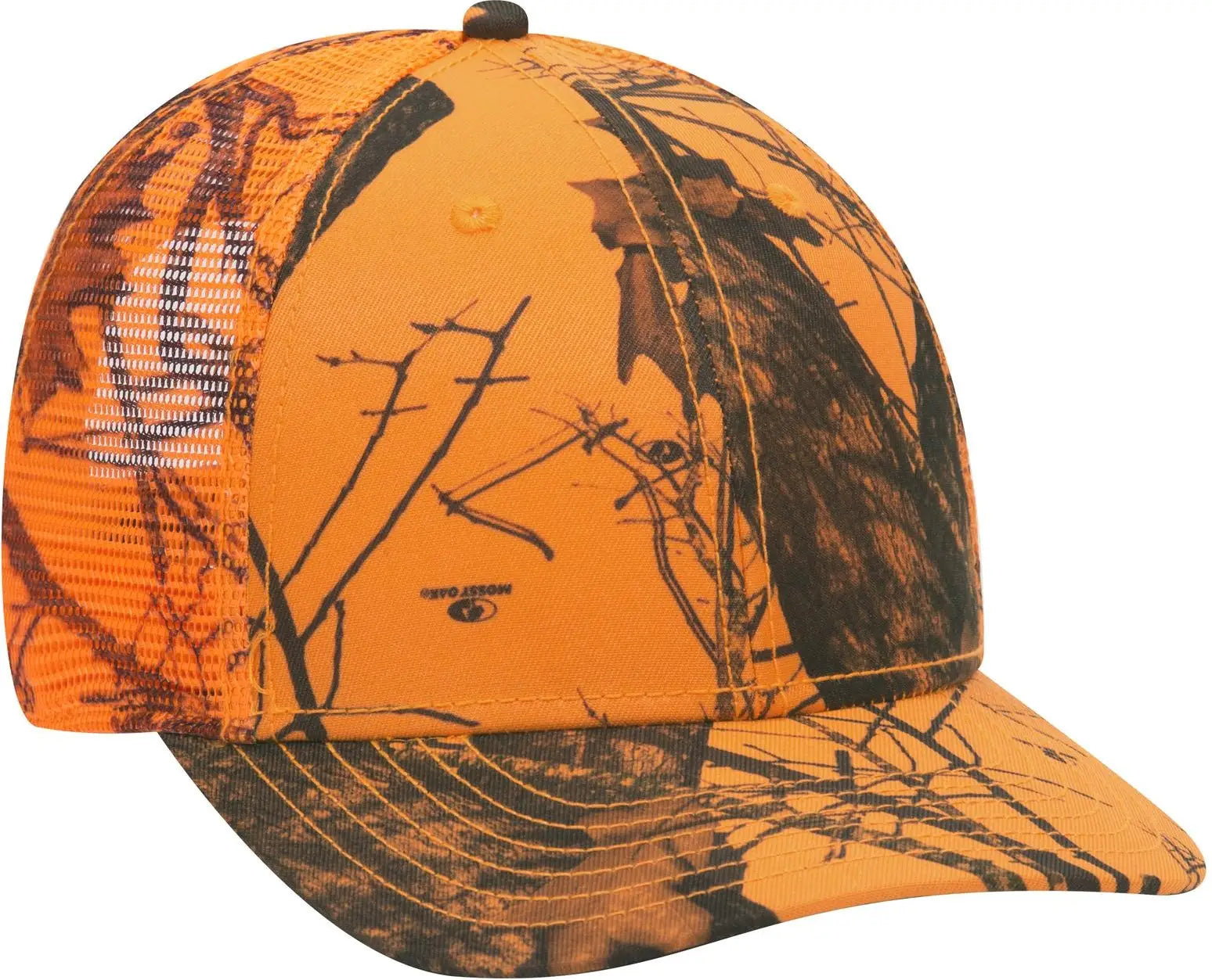 Otto 171-1292 Mossy Oak Camouflage Superior Polyester Twill 6 Panel Low Profile Mesh Back Trucker Cap - Blaze - 1/2’’