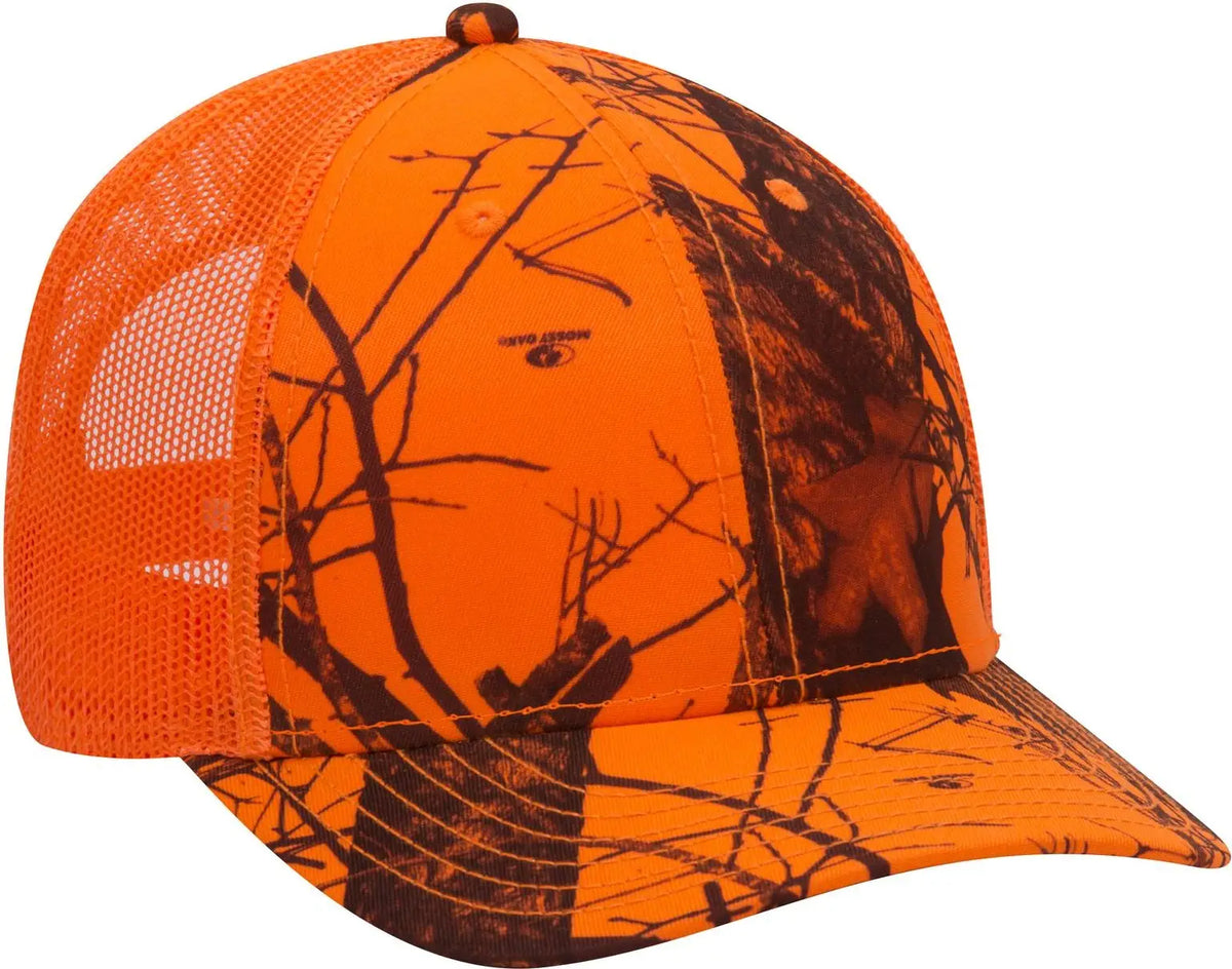 Otto 171-1293 Mossy Oak Camouflage 6 Panel Low Profile Mesh Back Trucker Cap - Blaze/n.org - 1/2’’ - 7 5/8’’