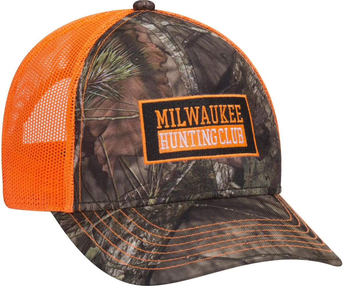 Otto 171-1293 Mossy Oak Camouflage 6 Panel Low Profile Mesh Back Trucker Cap - Blaze/n.org - 1/2’’ - 7 5/8’’