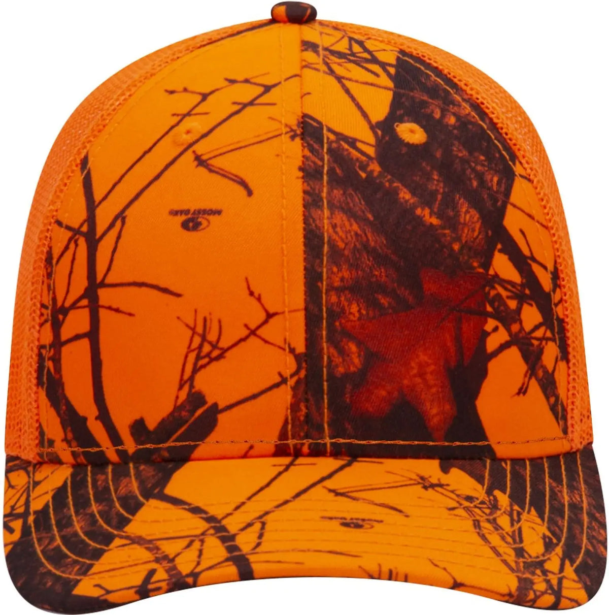 Otto 171-1293 Mossy Oak Camouflage 6 Panel Low Profile Mesh Back Trucker Cap - Blaze/n.org - 1/2’’ - 7 5/8’’