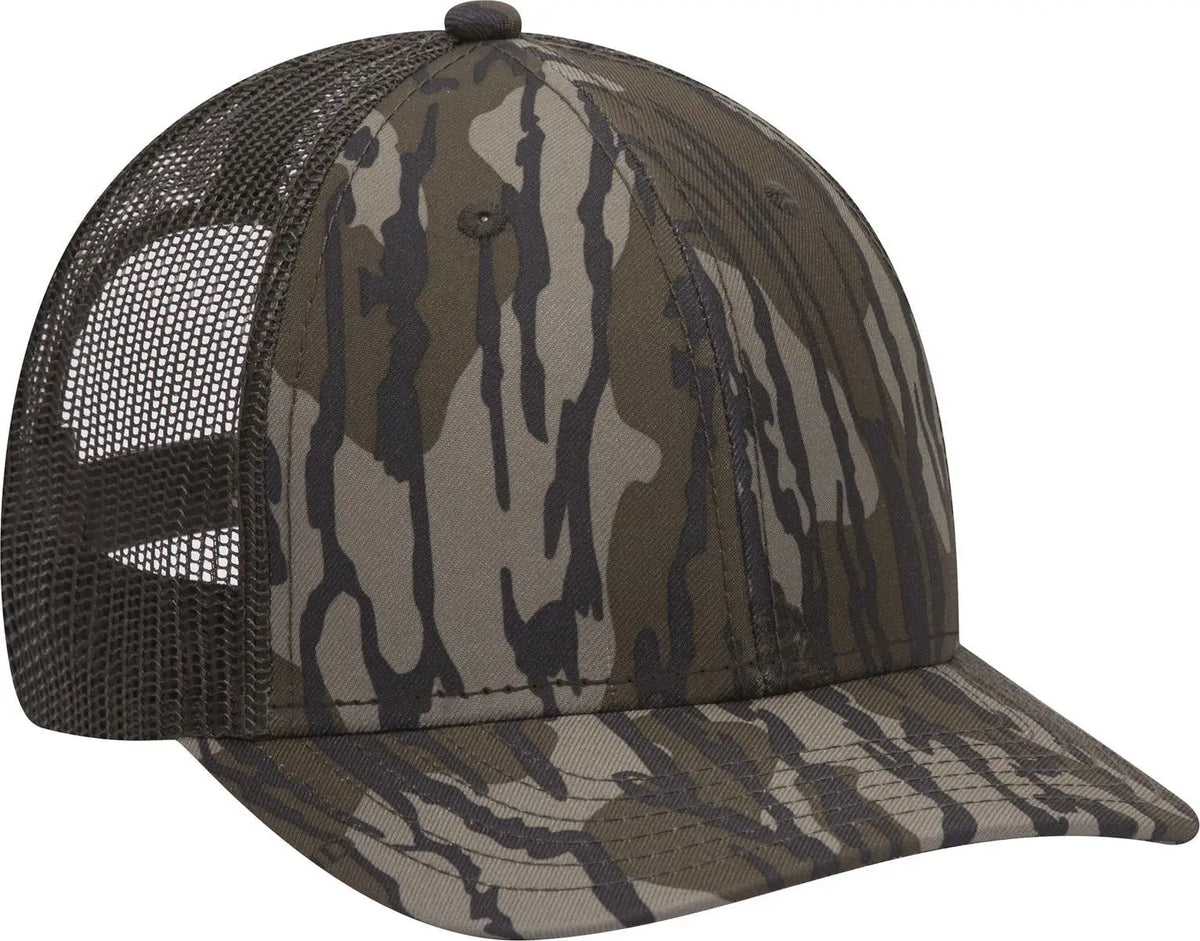 Otto 171-1293 Mossy Oak Camouflage 6 Panel Low Profile Mesh Back Trucker Cap - Bottomland/dk.ol. Grn - 1/2’’ - 7 5/8’’