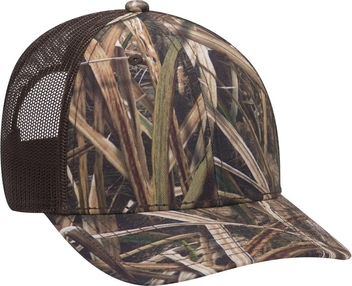 Otto 171-1293 Mossy Oak Camouflage 6 Panel Low Profile Mesh Back Trucker Cap - Shadow Grass Blades/dk. Brn - 1/2’’ - 7