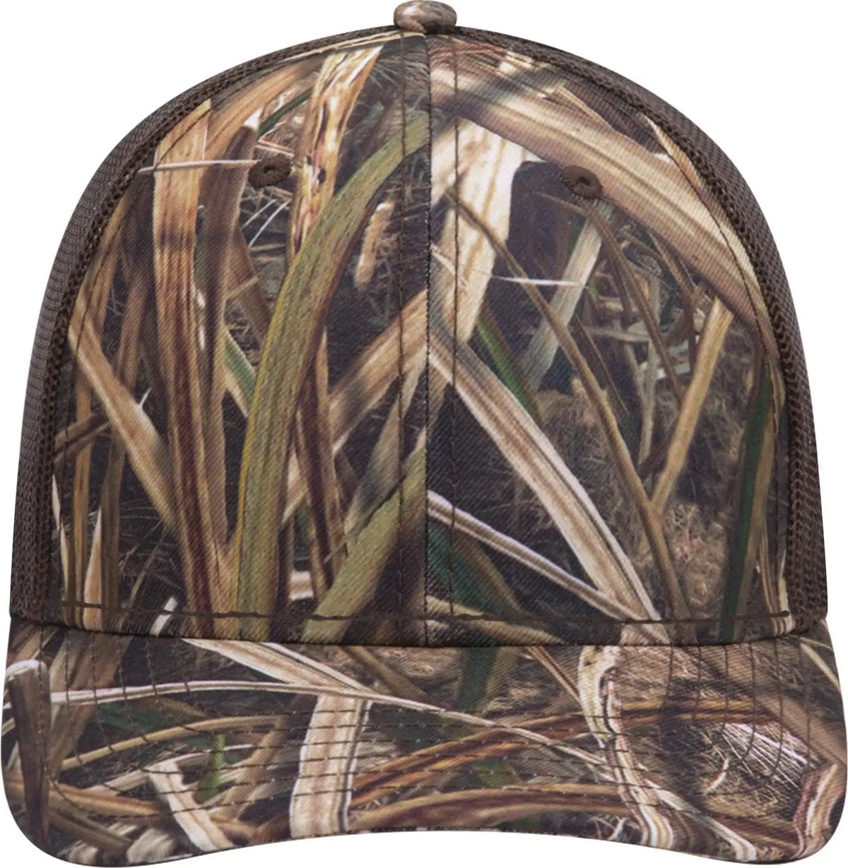 Otto 171-1293 Mossy Oak Camouflage 6 Panel Low Profile Mesh Back Trucker Cap - Shadow Grass Blades/dk. Brn - 1/2’’ - 7