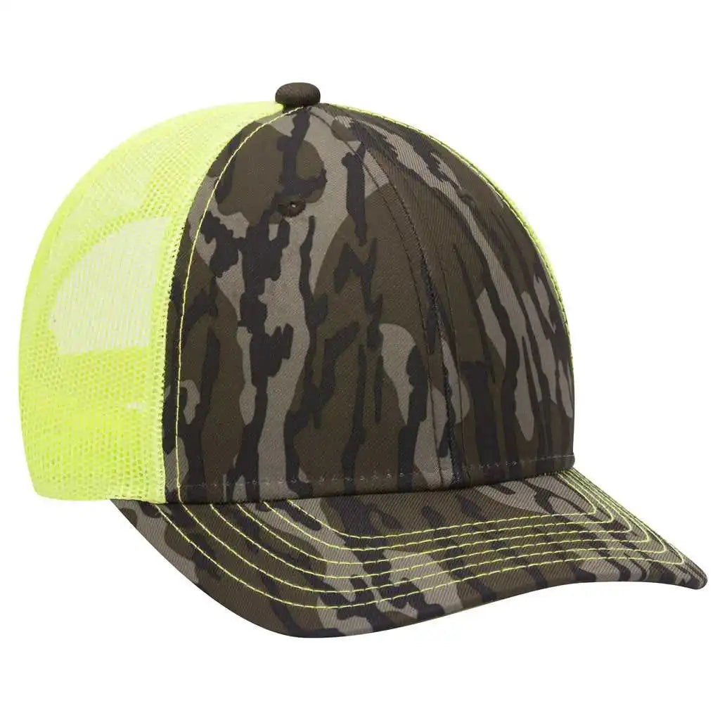 Otto 171 1293 Mossy Oak Camouflage Superior Polyester Twill 6 Panel Low Profile Mesh Back Baseball Cap Bottomland Neon