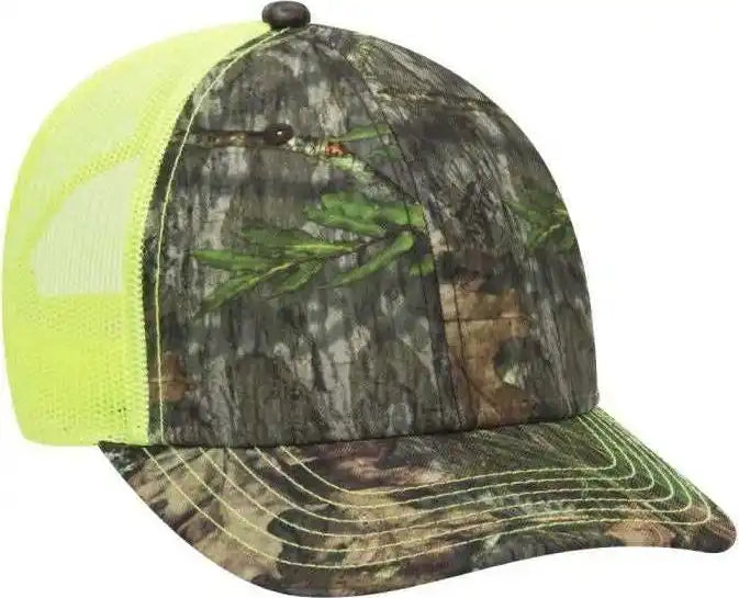 Otto 171-1293 Mossy Oak Camouflage Superior Polyester Twill 6 Panel Low Profile Mesh Back Baseball Cap - Obsession Neon