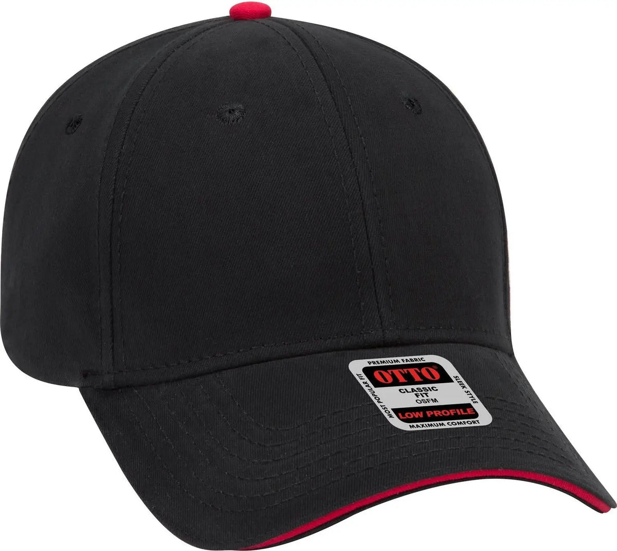Otto 23-370 6 Panel Low Profile Baseball Cap - Blk/blk/red - 1/2’’ - 7 5/8’’