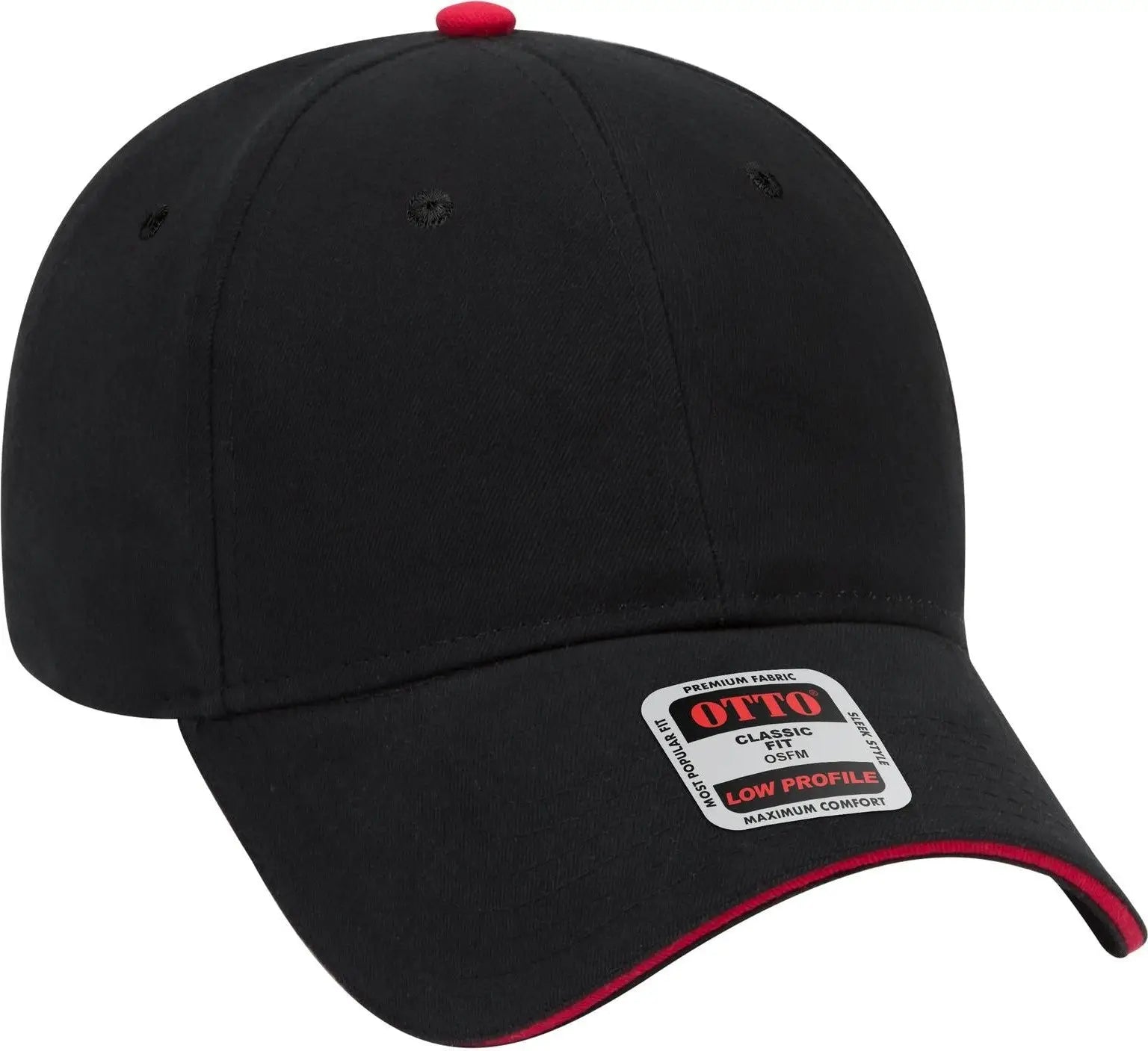 Otto 23-430 6 Panel Low Profile Baseball Cap - Blk/blk/red - 1/2’’ - 7 5/8’’