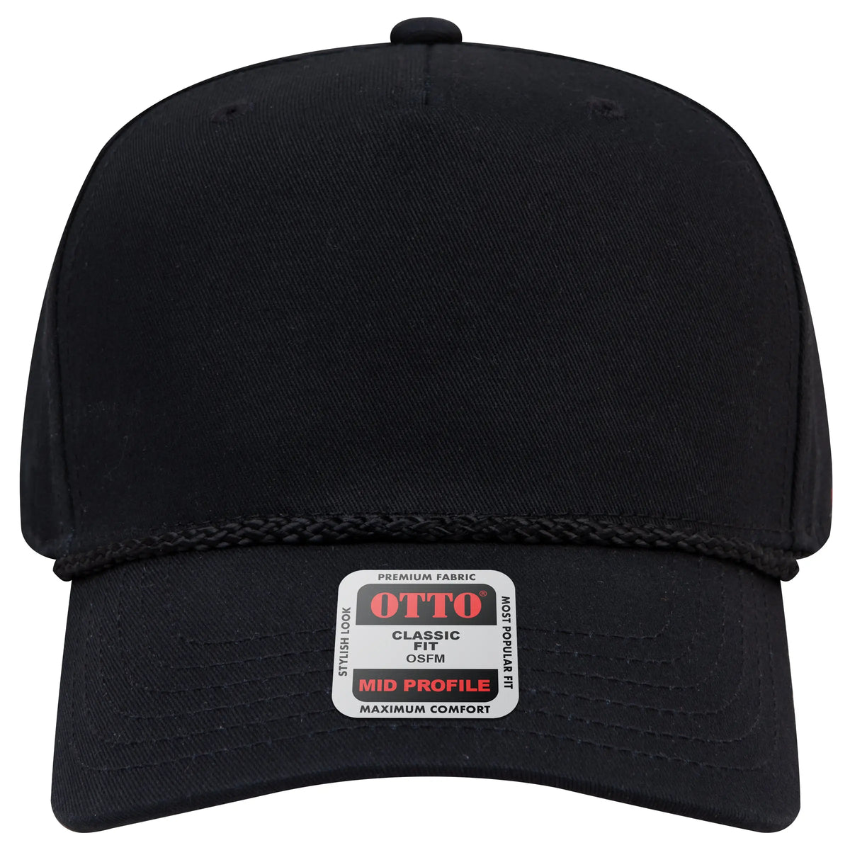 Otto 31-2 5 Panel Mid Profile Baseball Cap - Black - 7 3/8’’ - 5/8’’