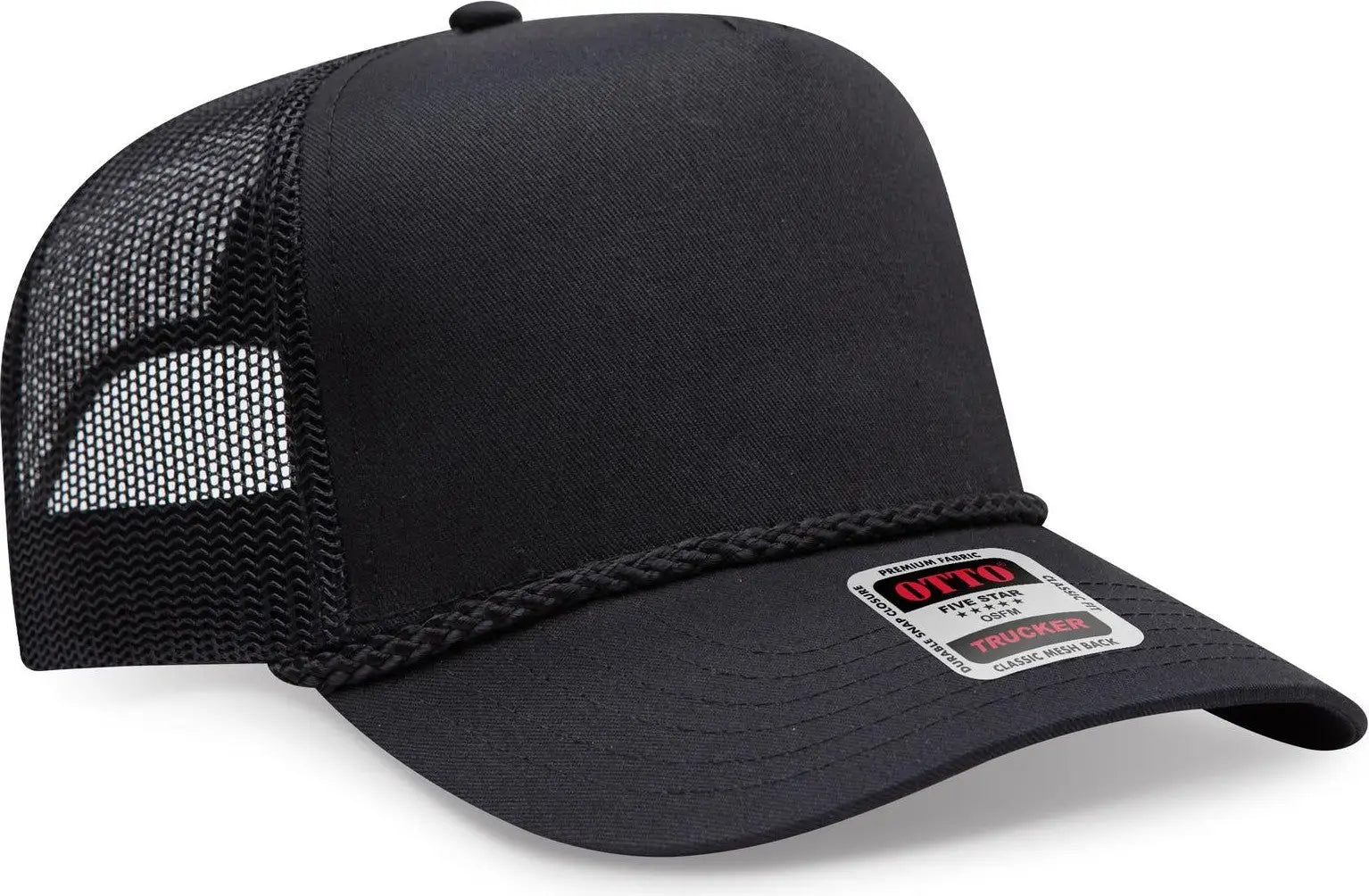 Otto 39-071 5 Panel Mid Profile Mesh Back Trucker Cap - Black - 6 1/2’’ - 7 5/8’’