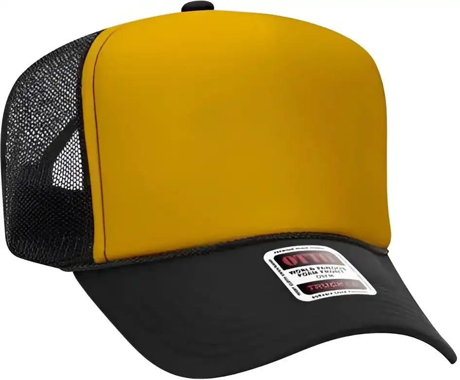 Otto 39-165 5 Panel Foam High Crown Mesh Back Trucker Snapback Cap - Black Gold - one Size Fits Most