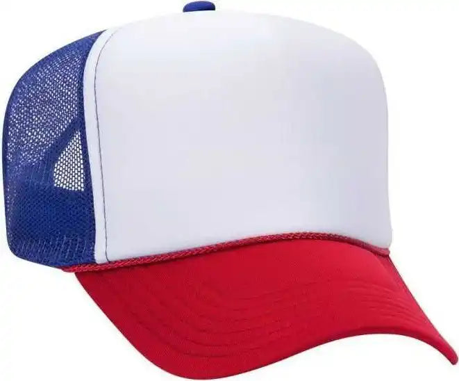 Otto 39-165 5 Panel Foam High Crown Mesh Back Trucker Snapback Cap - Red White Royal - one Size Fits Most
