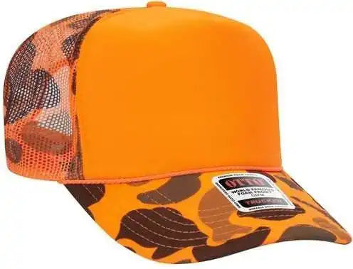 Otto 39 165 5 Panel Foam High Crown Mesh Back Trucker Snapback Cap Neon Orange Camo / one Size Fits Most