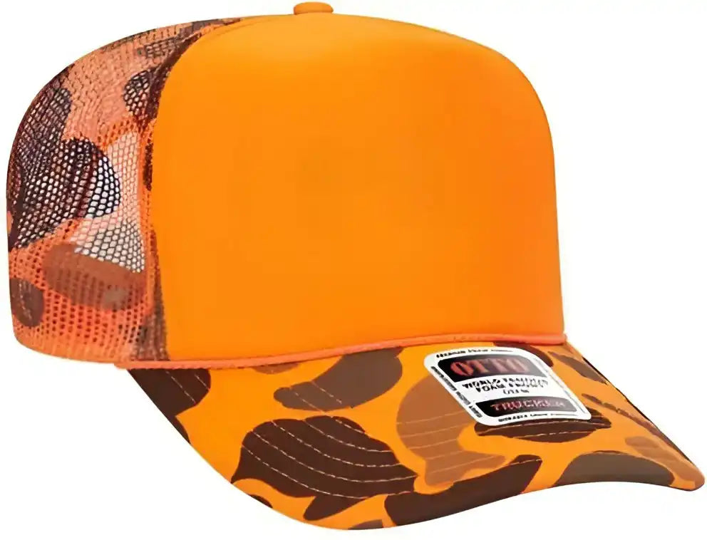 Otto 39-165 5 Panel Foam High Crown Mesh Back Trucker Snapback Cap - Neon Orange Camo - one Size Fits Most
