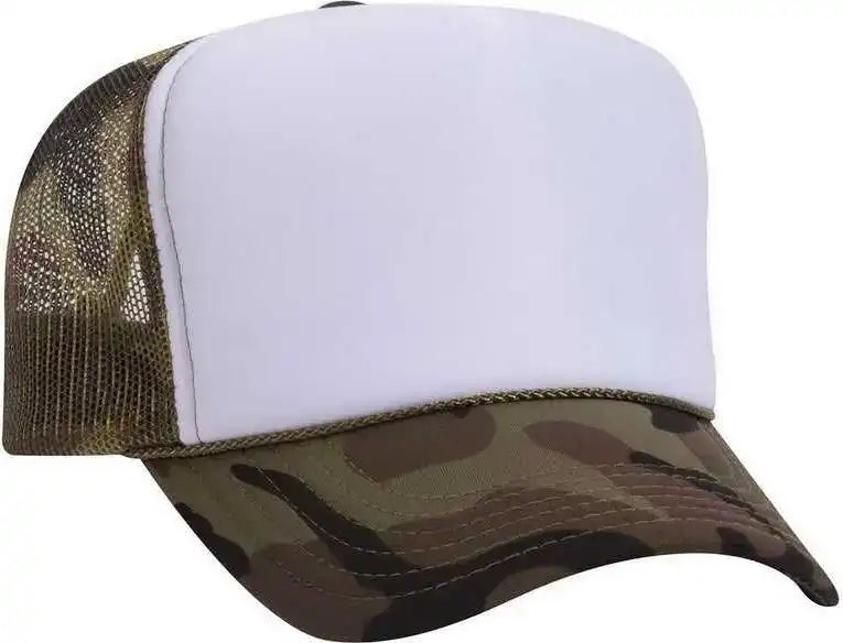 Otto 39-165 5 Panel Foam High Crown Mesh Back Trucker Snapback Cap - White Brown Camo - one Size Fits Most