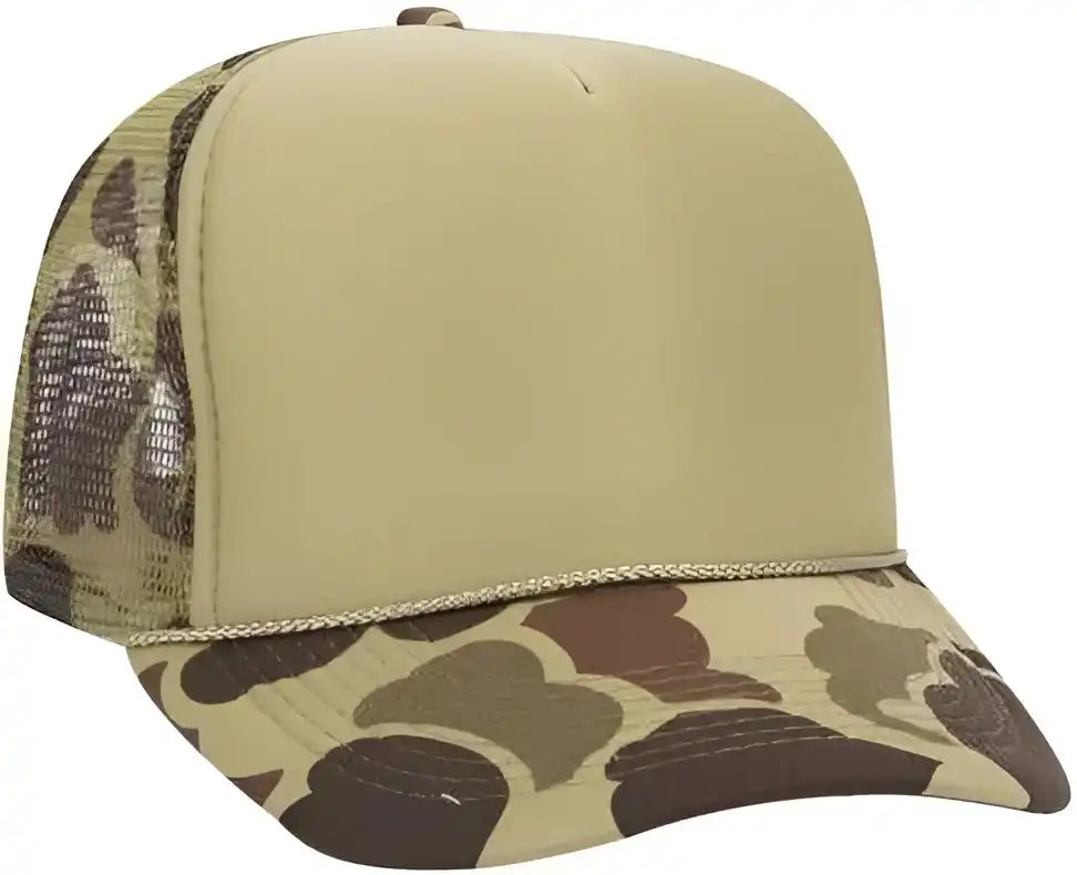 Otto 39-165 5 Panel Foam High Crown Mesh Back Trucker Snapback Cap - Sand Dark Gray Camo - one Size Fits Most