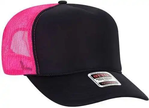 Otto 39 165 5 Panel Foam High Crown Mesh Back Trucker Snapback Cap Black Neon Pink / one Size Fits Most