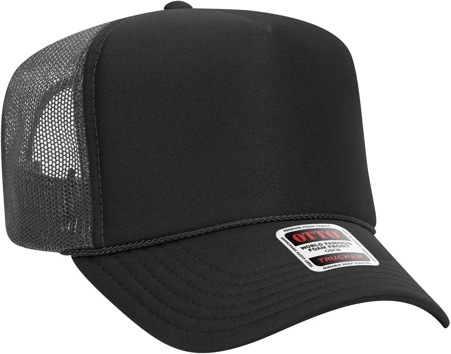OTTO 39-165 5 Panel High Crown Mesh Back Trucker Cap - Blk/Blk/Ch.Gry