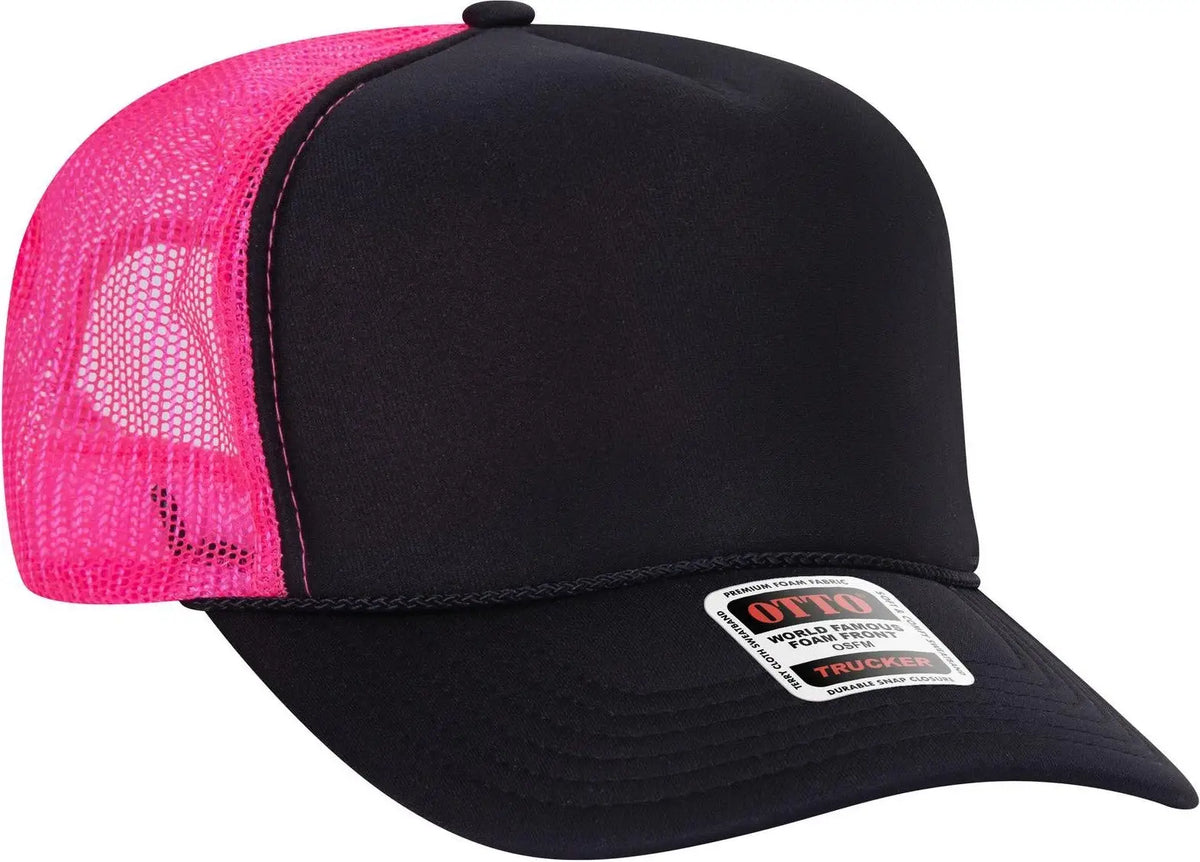 Otto 39-165 5 Panel High Crown Mesh Back Trucker Cap - Blk/blk/n.pnk - 6 1/2’’ - 7 5/8’’