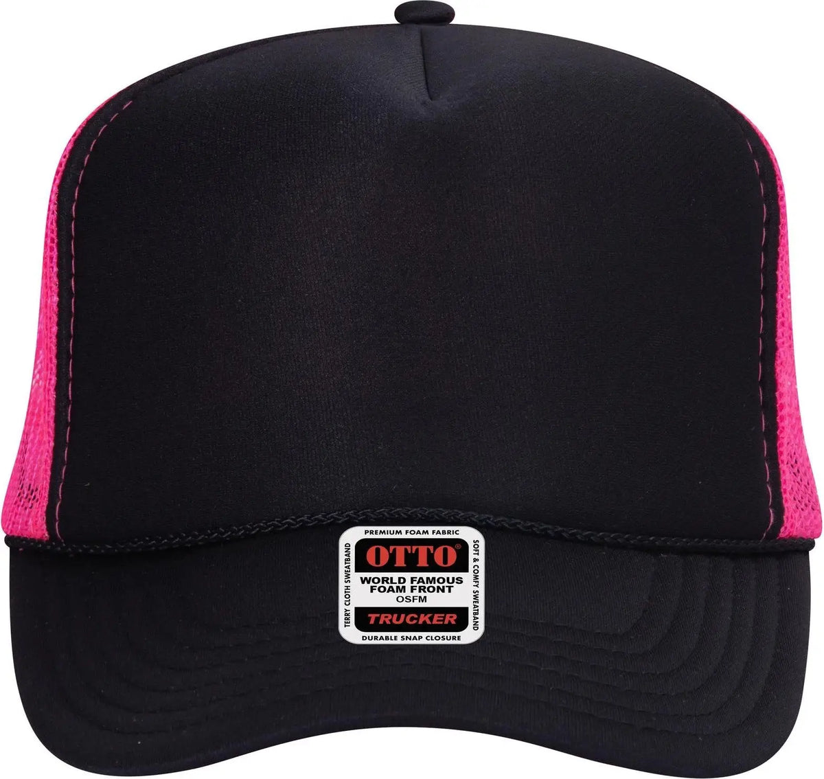 Otto 39-165 5 Panel High Crown Mesh Back Trucker Cap - Blk/blk/n.pnk - 6 1/2’’ - 7 5/8’’