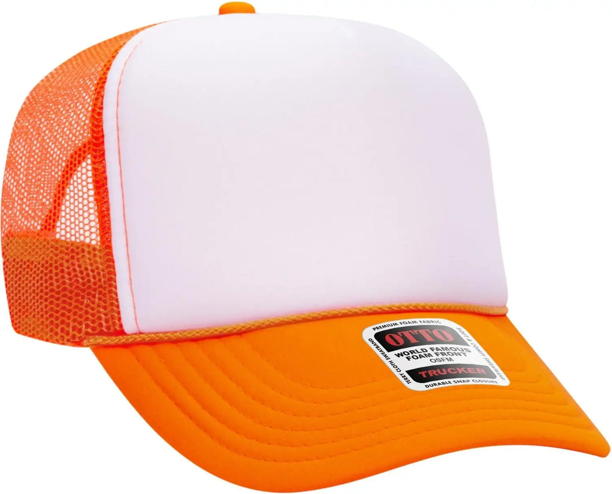 Otto 39-165 5 Panel High Crown Mesh Back Trucker Cap - N.org/wht/n.org - 6 1/2’’ - 7 5/8’’