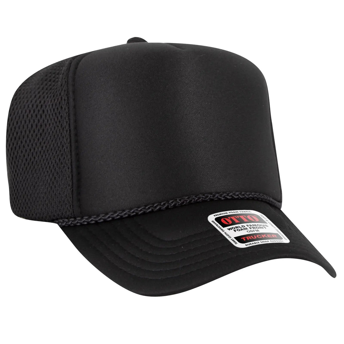Otto 39-166 5 Panel High Crown Air Mesh Back Trucker Cap - Black - 7 3/8’’ - 5/8’’