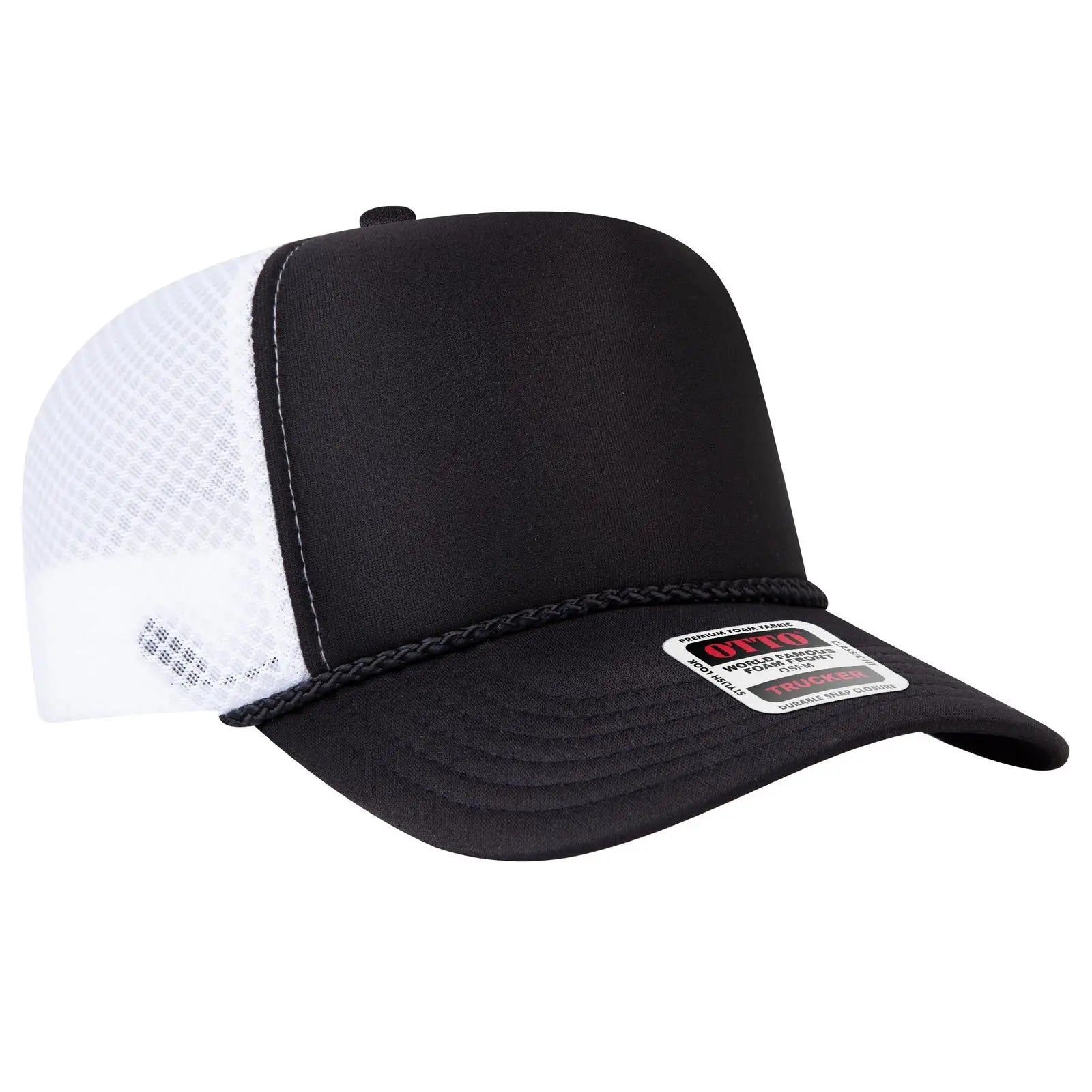 Otto 39-166 5 Panel High Crown Circle Mesh Back Trucker Cap - Blk/blk/wht - 7 3/8’’ - 5/8’’
