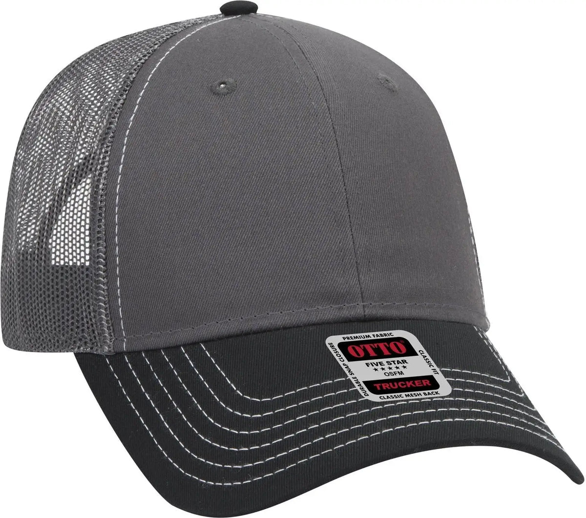 Otto 83-1239 6 Panel Low Profile Mesh Back Trucker Cap - Blk/ch.gry/ch.gry - 1/2’’ - 7 5/8’’