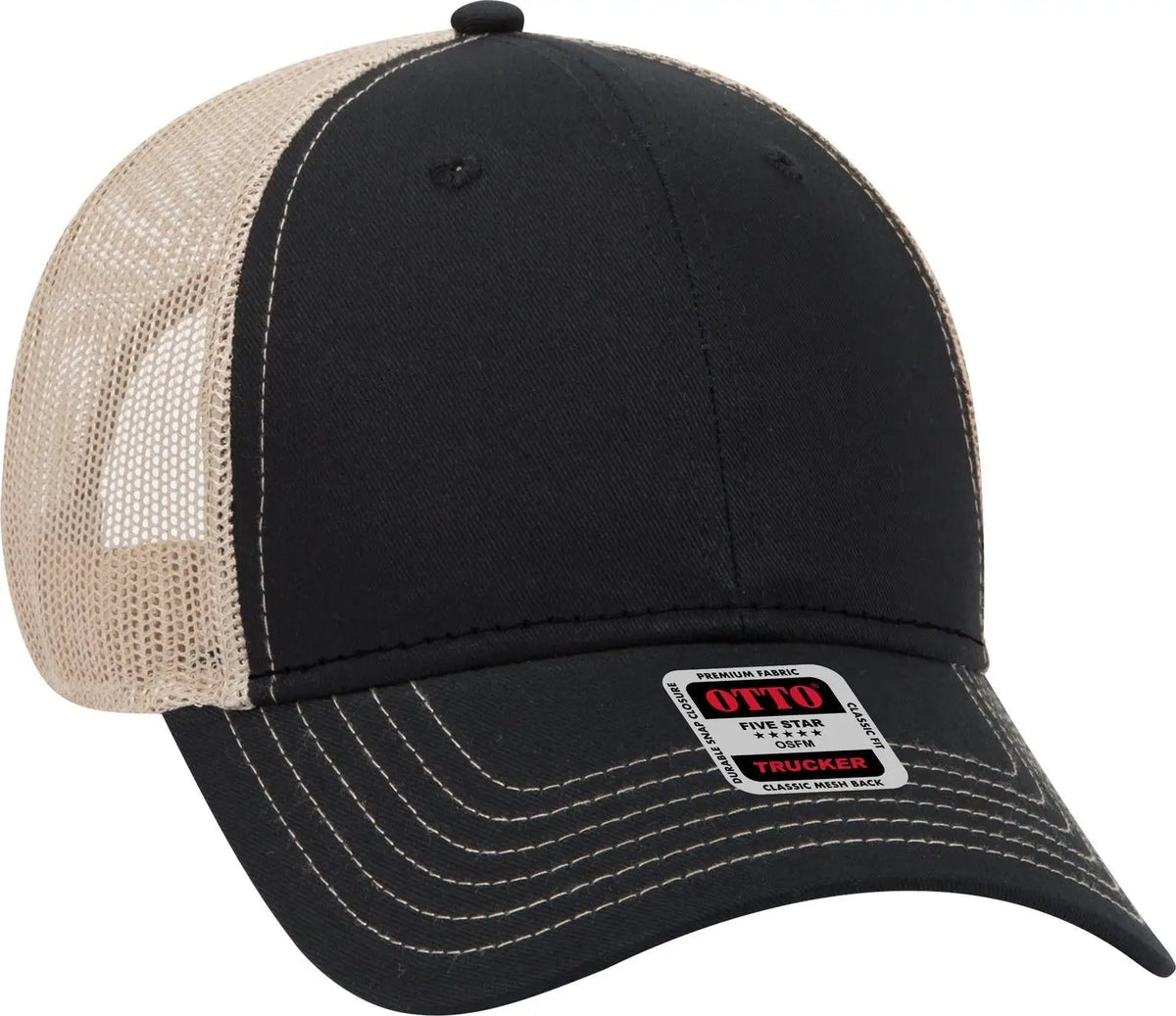 Otto 83-1239 6 Panel Low Profile Mesh Back Trucker Cap - Blk/blk/kha - 1/2’’ - 7 5/8’’