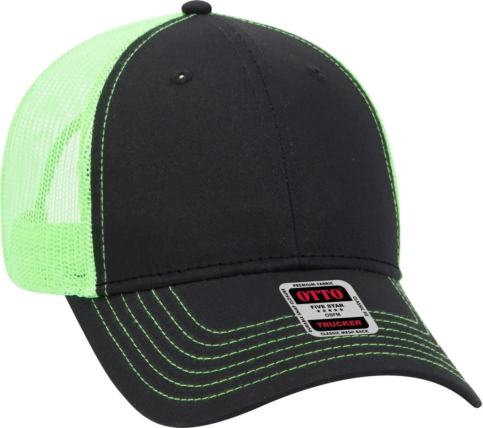 Otto 83-1239 6 Panel Low Profile Mesh Back Trucker Cap - Blk/blk/n.grn - 1/2’’ - 7 5/8’’