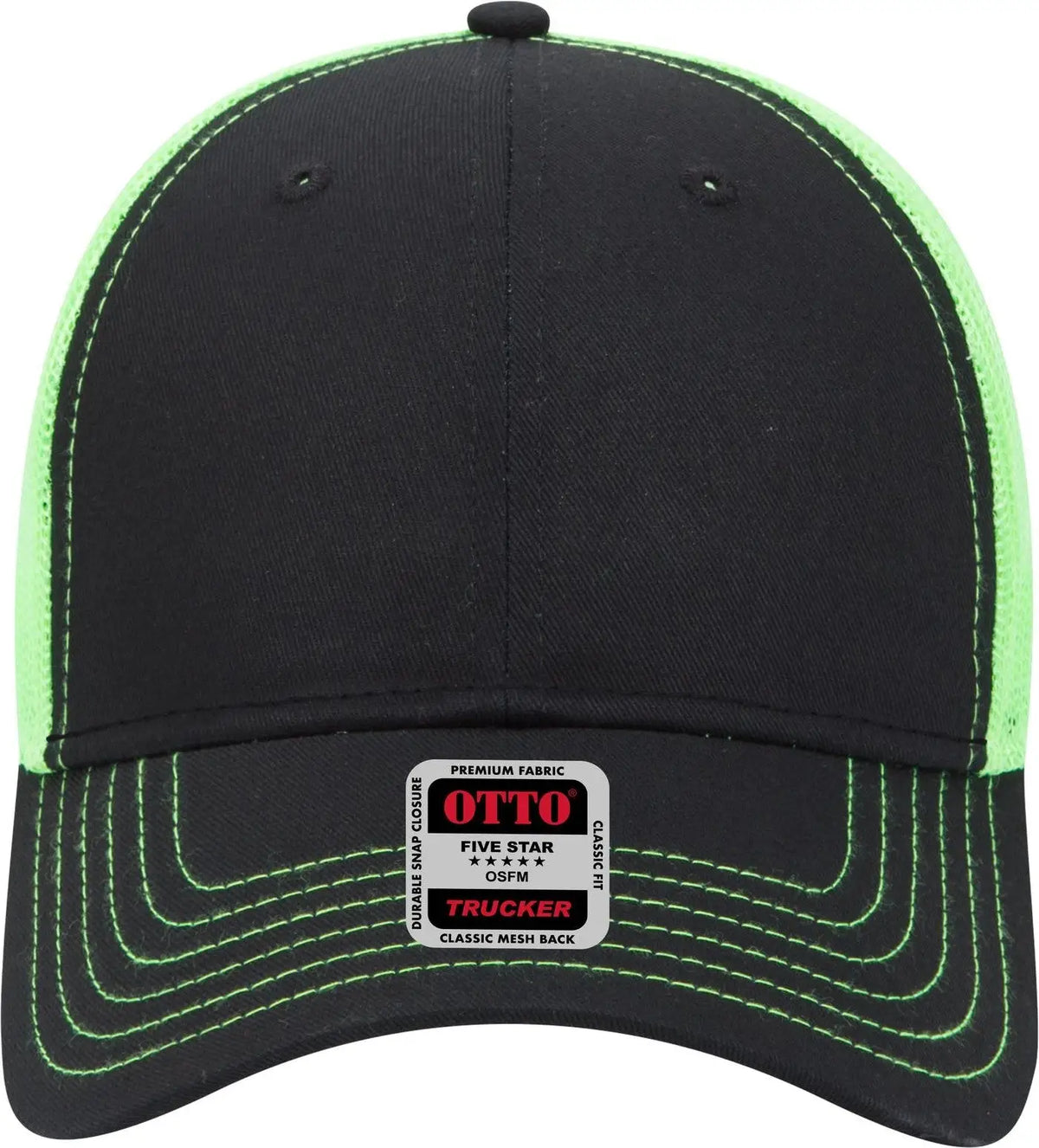 Otto 83-1239 6 Panel Low Profile Mesh Back Trucker Cap - Blk/blk/n.grn - 1/2’’ - 7 5/8’’
