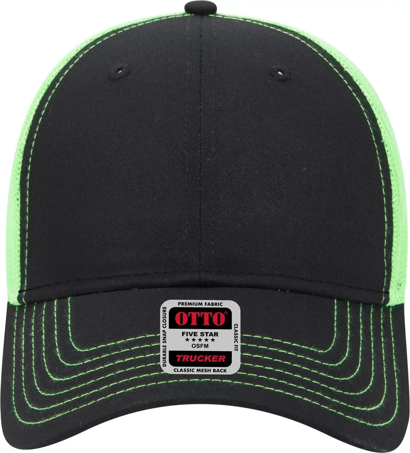 Otto 83-1239 6 Panel Low Profile Mesh Back Trucker Cap - Blk/blk/n.grn - 1/2’’ - 7 5/8’’