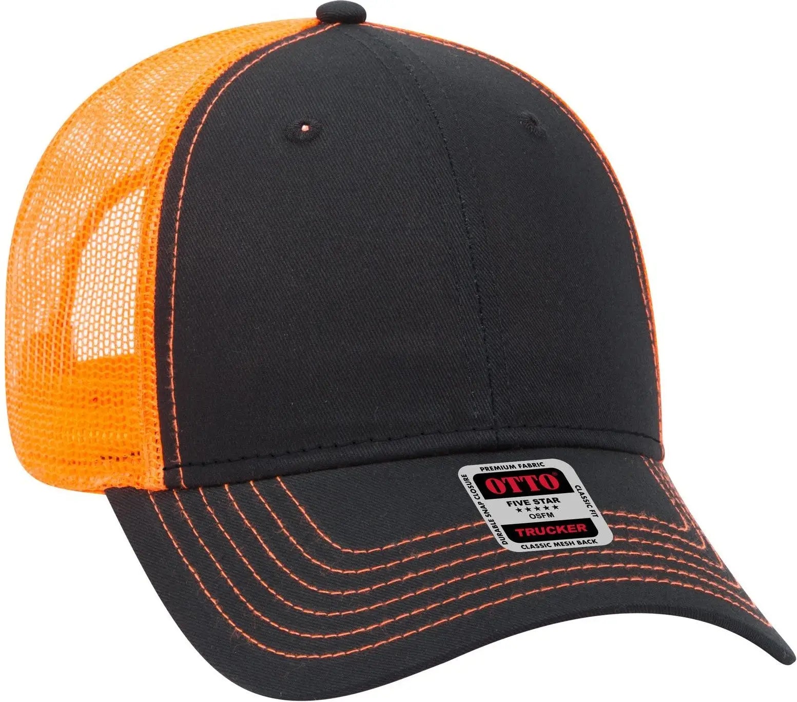 Otto 83-1239 6 Panel Low Profile Mesh Back Trucker Cap - Blk/blk/n Org - 1/2’’ - 7 5/8’’