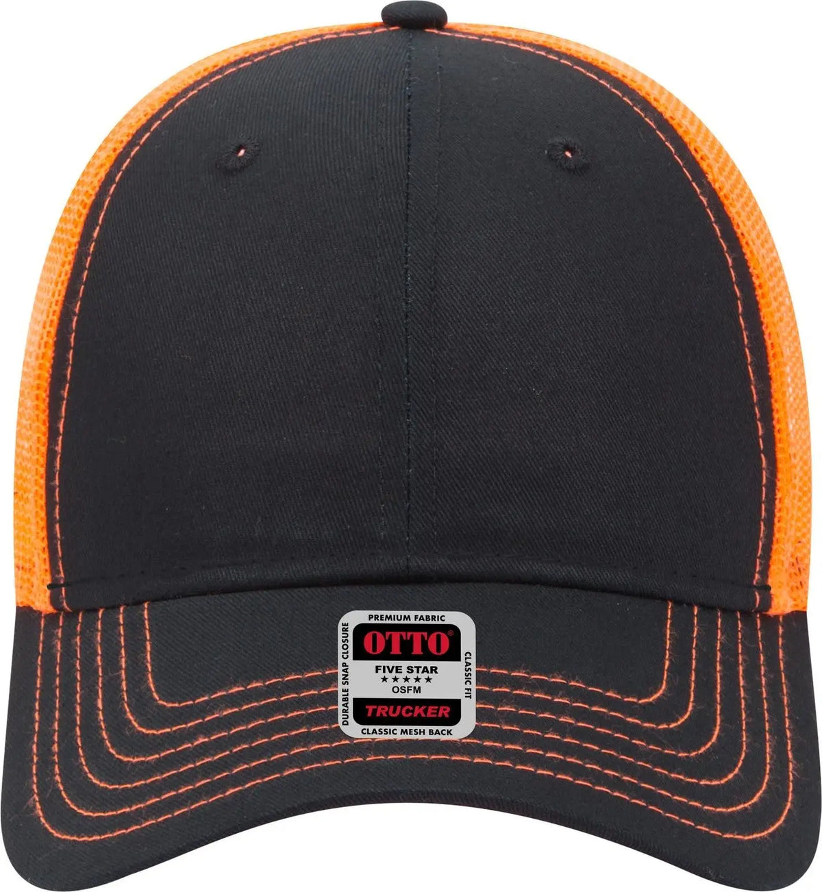 Otto 83-1239 6 Panel Low Profile Mesh Back Trucker Cap - Blk/blk/n Org - 1/2’’ - 7 5/8’’