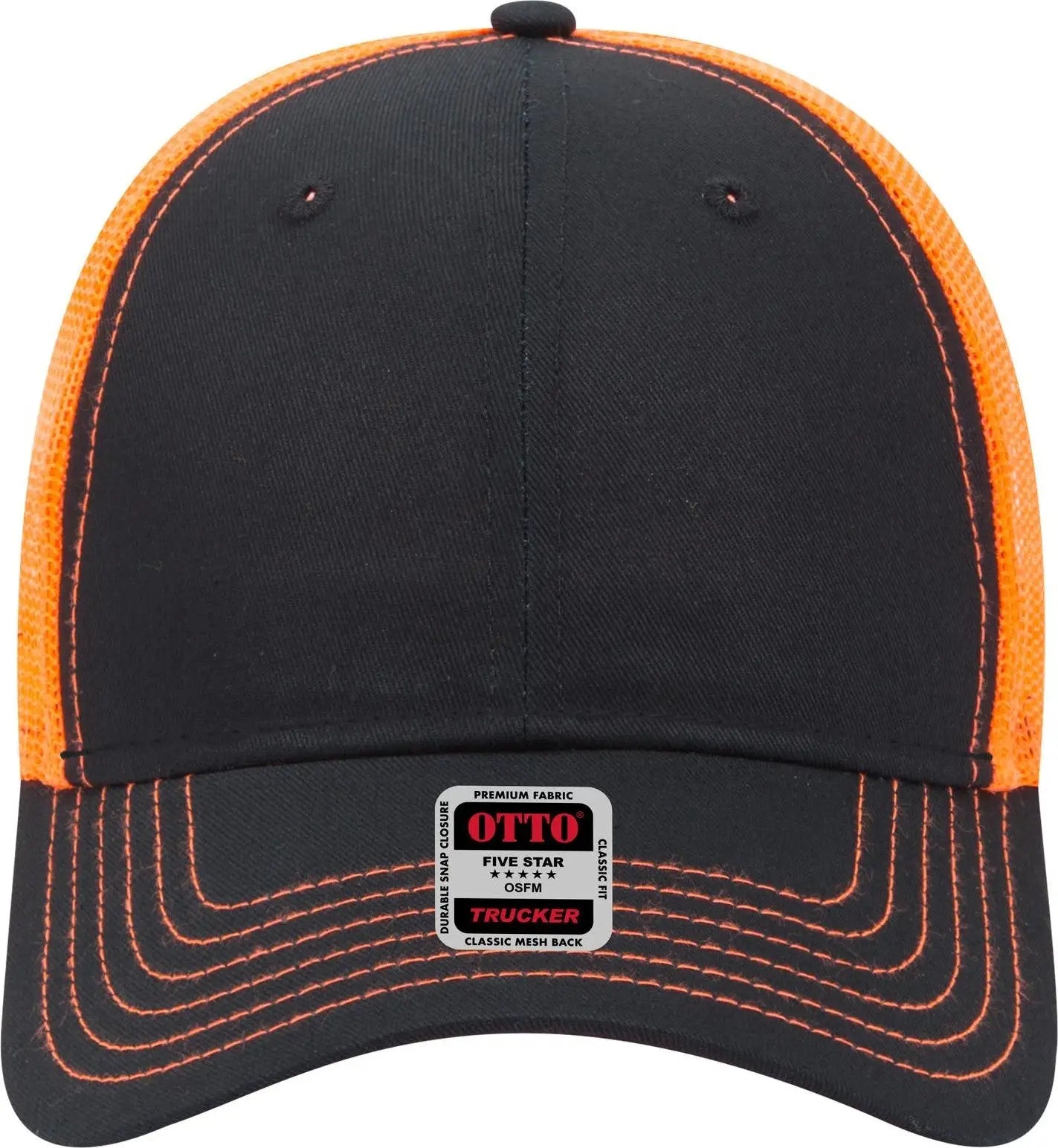 Otto 83-1239 6 Panel Low Profile Mesh Back Trucker Cap - Blk/blk/n Org - 1/2’’ - 7 5/8’’