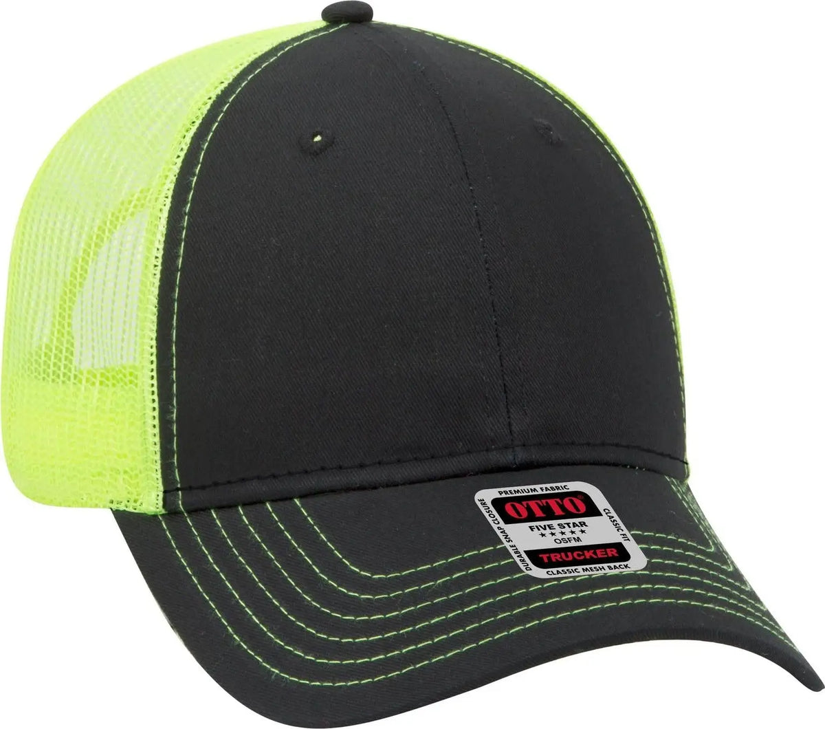 Otto 83-1239 6 Panel Low Profile Mesh Back Trucker Cap - Blk/blk/n.ylw - 1/2’’ - 7 5/8’’