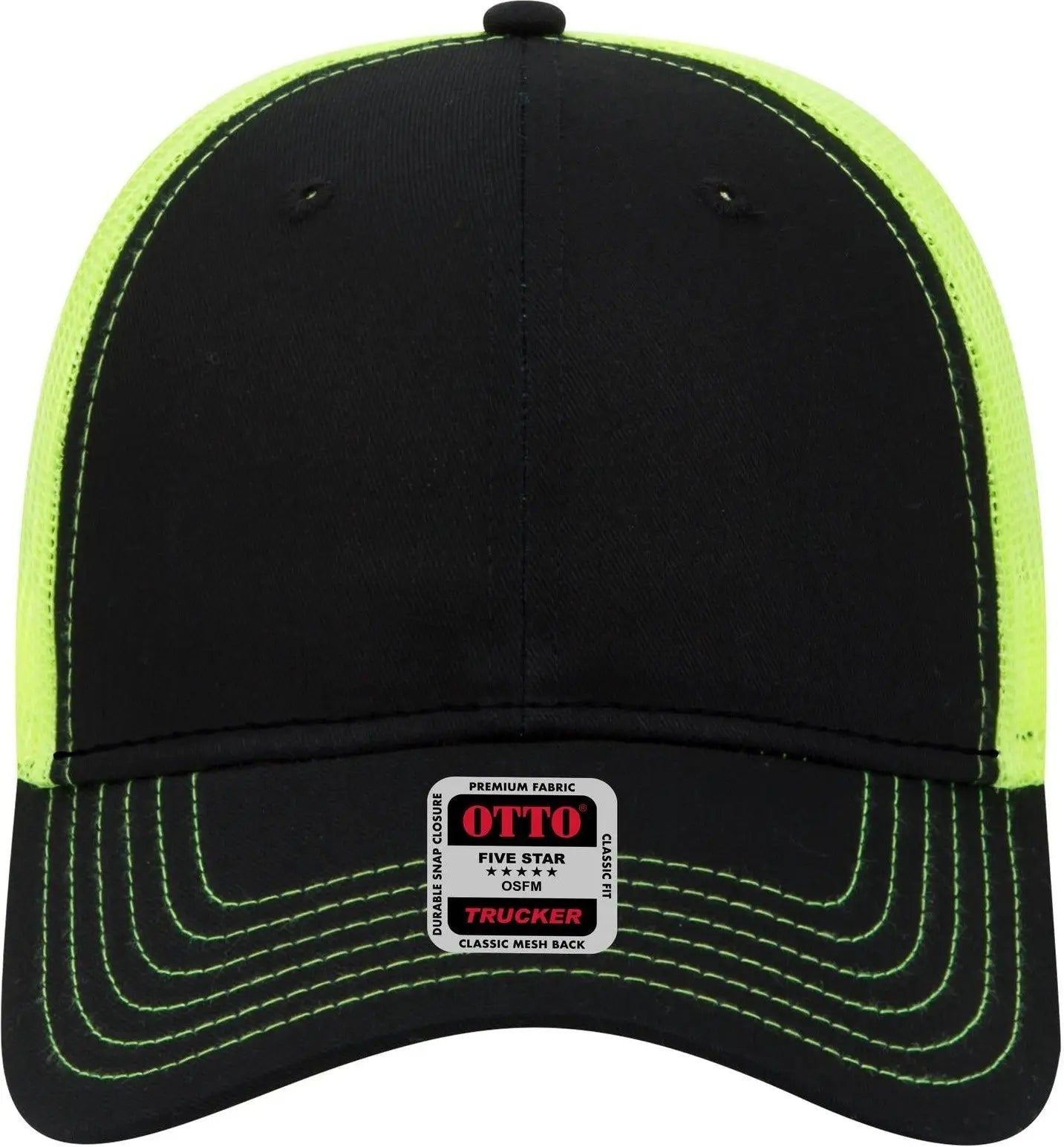 Otto 83-1239 6 Panel Low Profile Mesh Back Trucker Cap - Blk/blk/n.ylw - 1/2’’ - 7 5/8’’