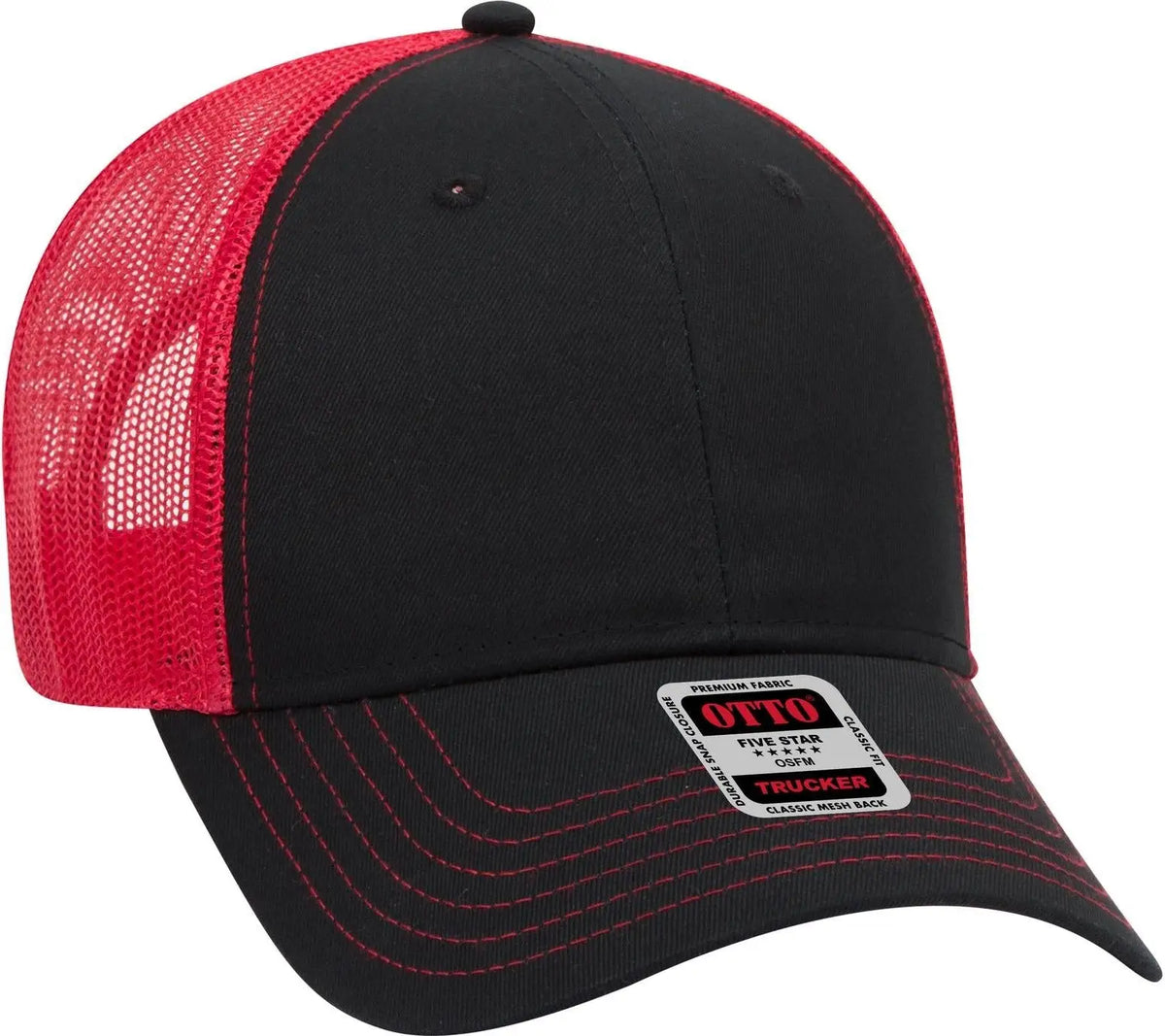 Otto 83-1239 6 Panel Low Profile Mesh Back Trucker Cap - Blk/blk/red - 1/2’’ - 7 5/8’’