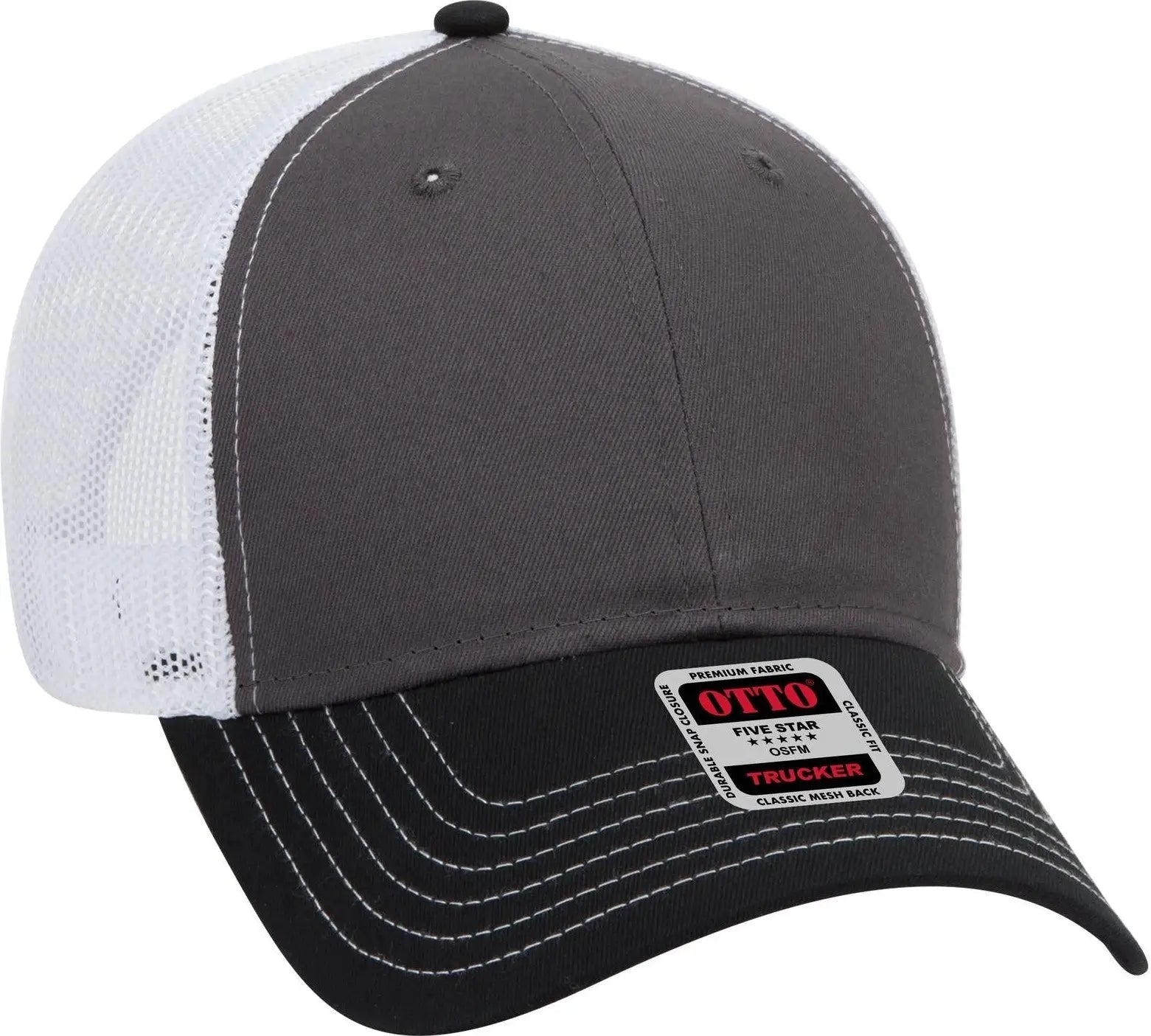 Otto 83-1239 6 Panel Low Profile Mesh Back Trucker Cap - Blk/ch.gry/wht - 1/2’’ - 7 5/8’’