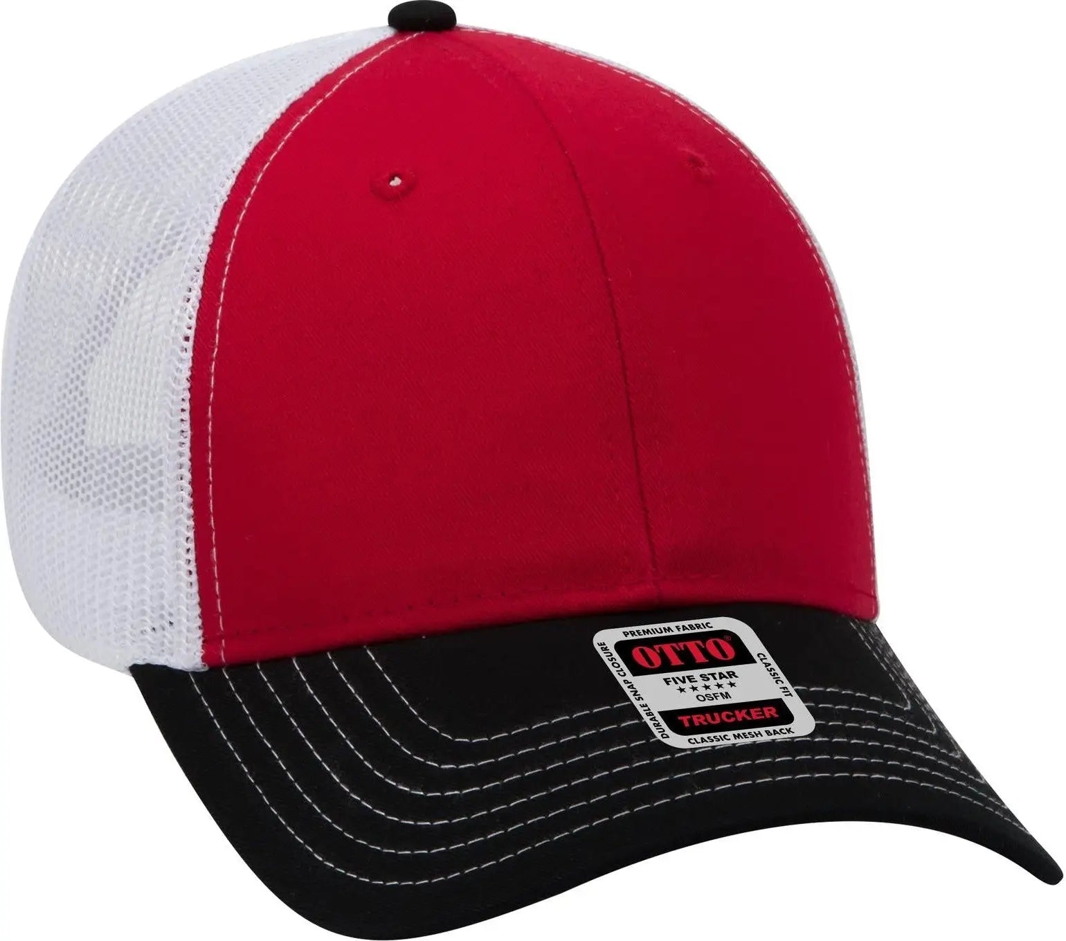Otto 83-1239 6 Panel Low Profile Mesh Back Trucker Cap - Blk/red/wht - 1/2’’ - 7 5/8’’