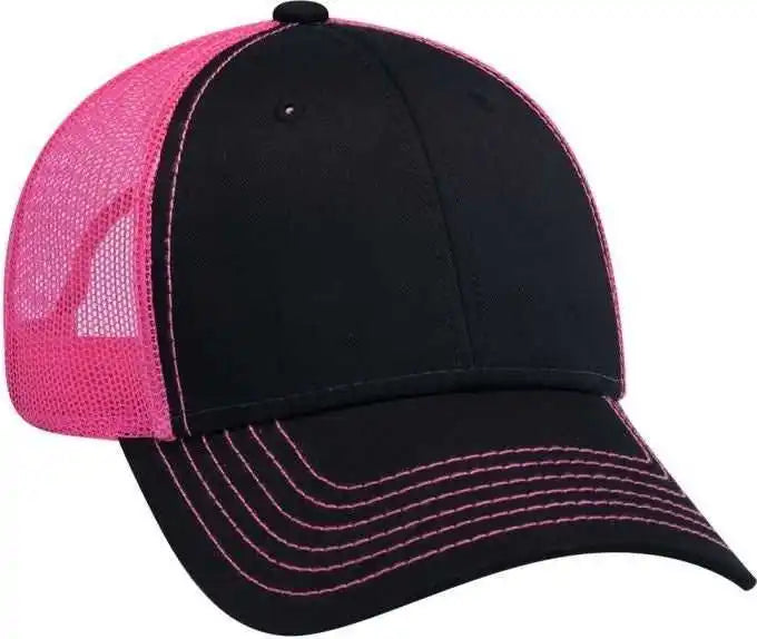 Otto 83 1239 6 Panel Low Profile Mesh Back Trucker Hat Black Neonpnk Pink / one Size Fits Most