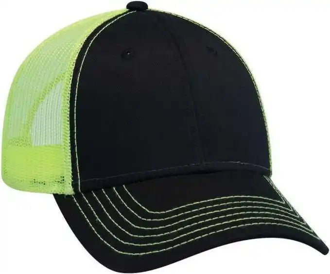 Otto 83-1239 6 Panel Low Profile Mesh Back Trucker Hat - Black Neon Yellow - one Size Fits Most
