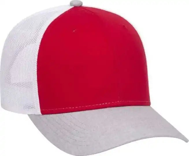 Otto 83-1300 6 Panel Low Profile Mesh Back Trucker Hat - Heather Gray Red White - one Size Fits Most
