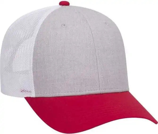 Otto 83-1300 6 Panel Low Profile Mesh Back Trucker Hat - Red Heather Gray White - one Size Fits Most