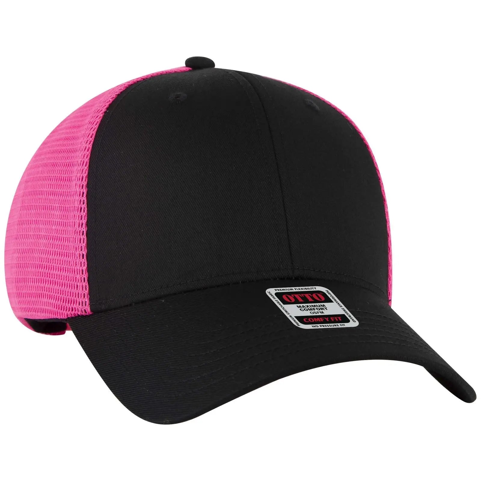 Otto 83-2 ?Otto Comfy Fit’ 6 Panel Low Profile Mesh Back Trucker Cap - Blk/blk/n.pnk - 7 3/8’’ - 5/8’’
