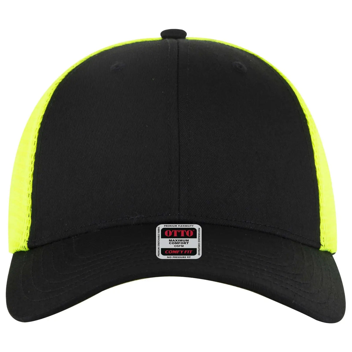 Otto 83-2 ?Otto Comfy Fit’ 6 Panel Low Profile Mesh Back Trucker Cap - Blk/blk/n.ylw - 7 3/8’’ - 5/8’’