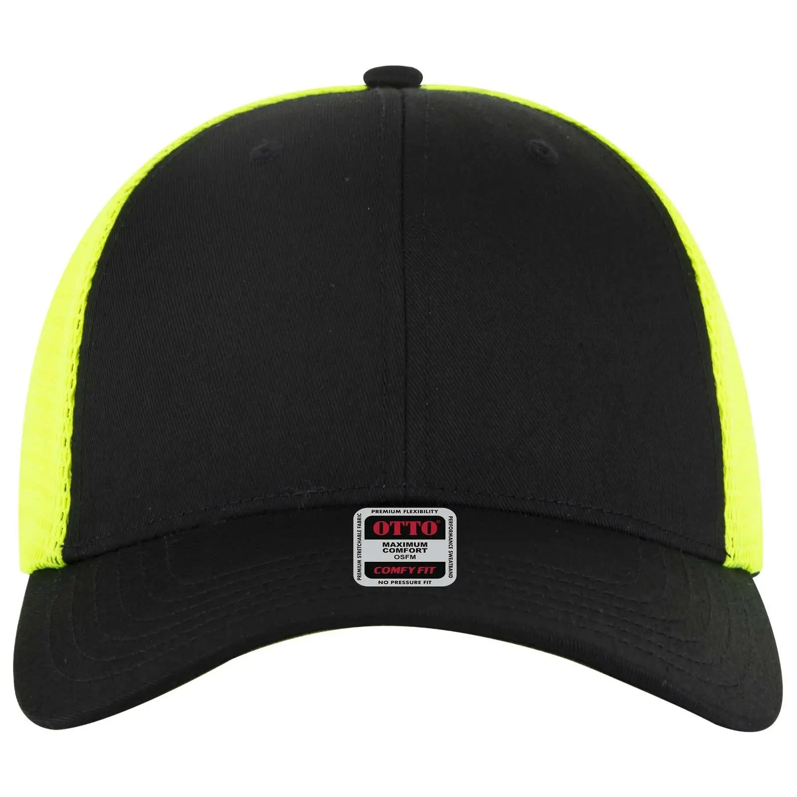 Otto 83-2 ?Otto Comfy Fit’ 6 Panel Low Profile Mesh Back Trucker Cap - Blk/blk/n.ylw - 7 3/8’’ - 5/8’’