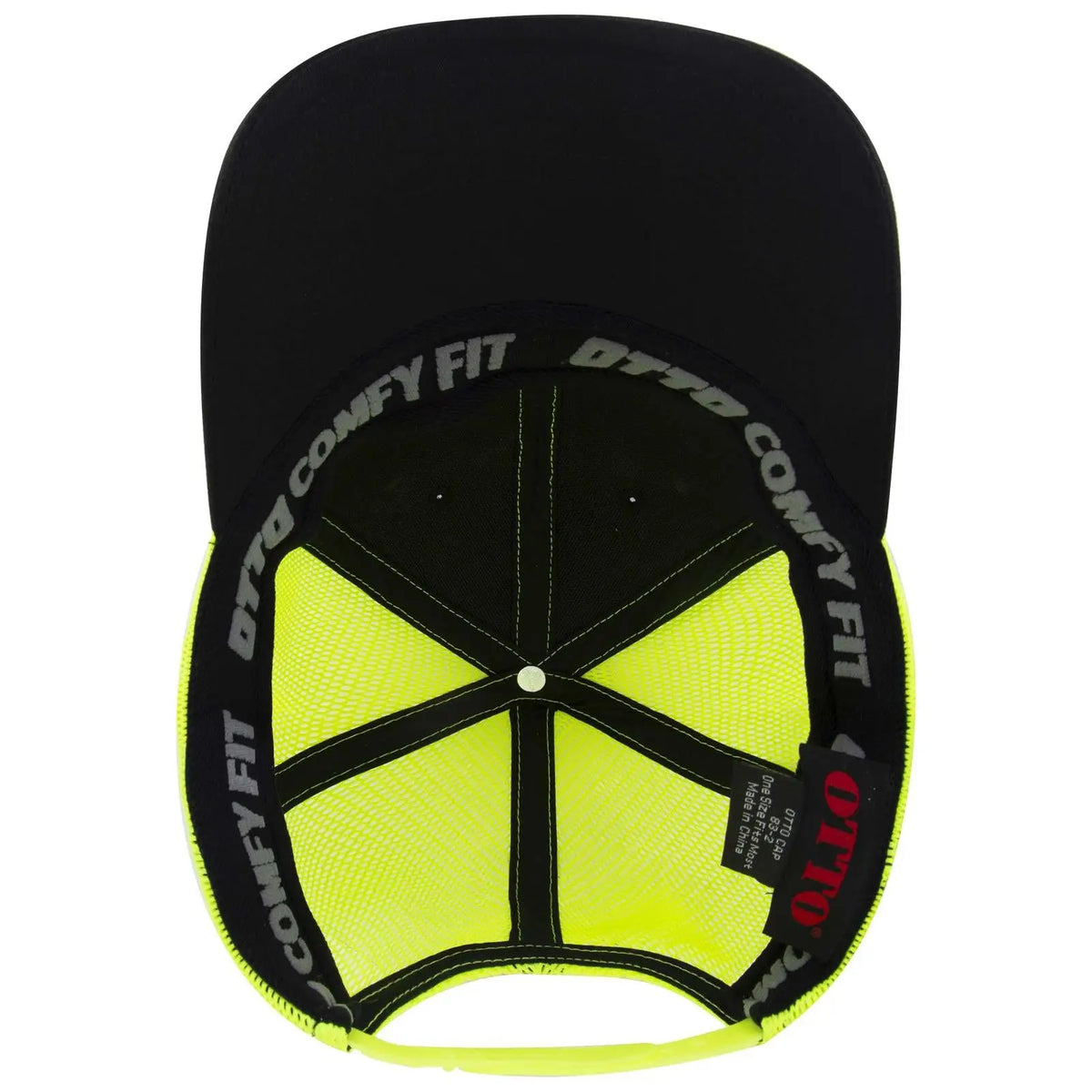 Otto 83-2 ?Otto Comfy Fit’ 6 Panel Low Profile Mesh Back Trucker Cap - Blk/blk/n.ylw - 7 3/8’’ - 5/8’’