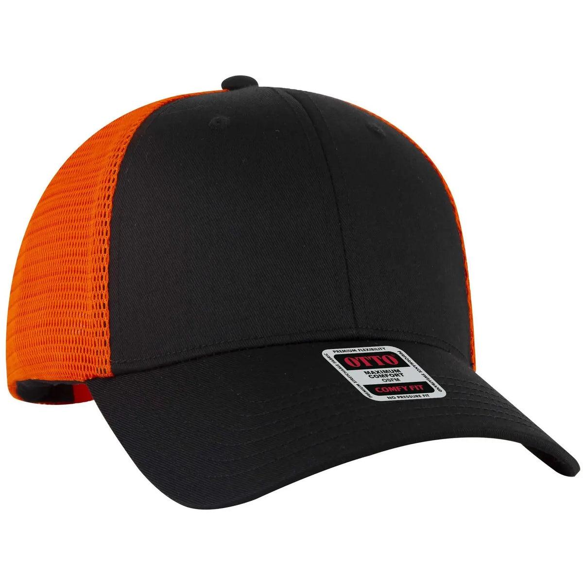 Otto 83-2 ?Otto Comfy Fit’ 6 Panel Low Profile Mesh Back Trucker Cap - Blk/blk/org - 7 3/8’’ - 5/8’’