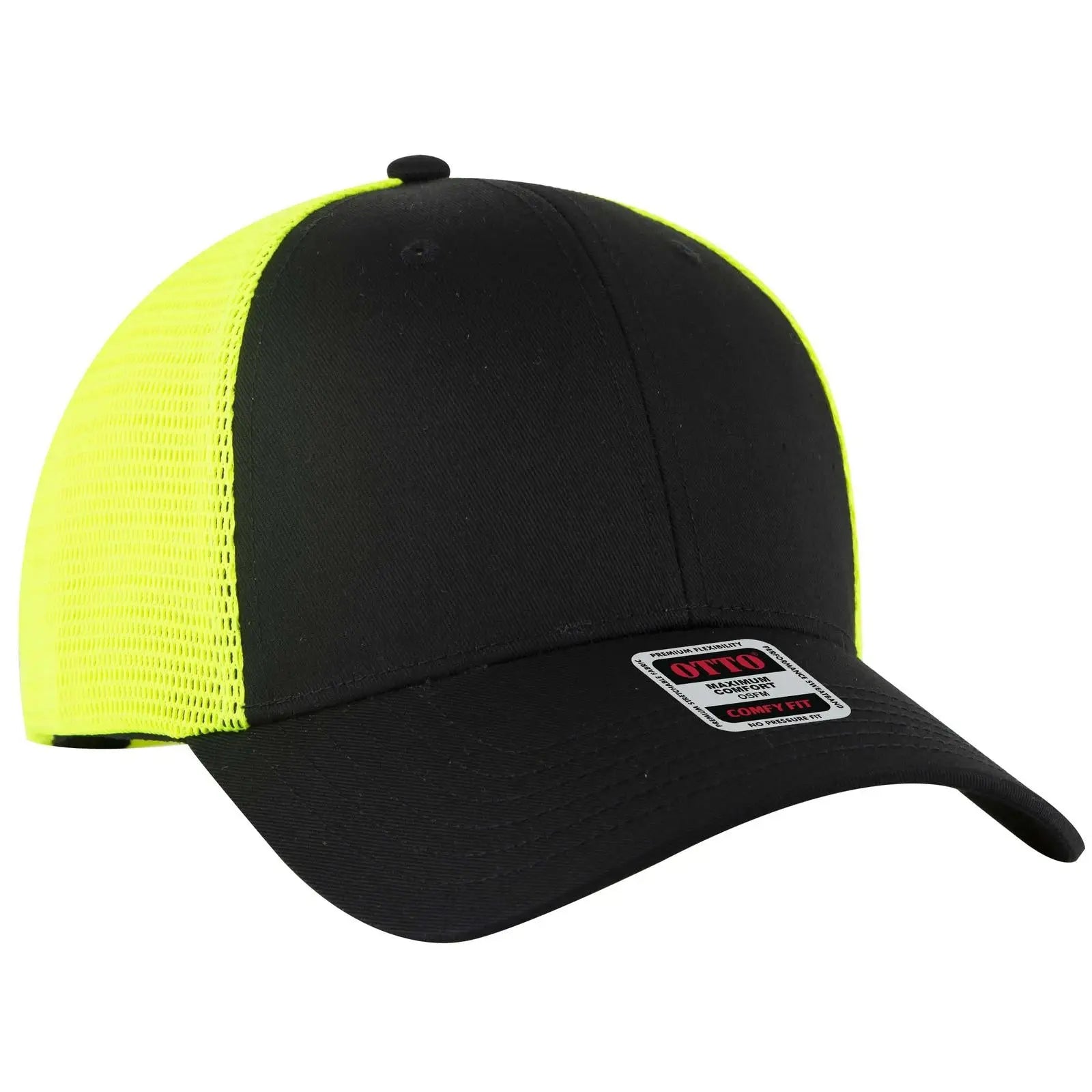 Otto 83-2 ?Otto Comfy Fit’ 6 Panel Low Profile Mesh Back Trucker Cap - Blk/blk/n.ylw - 7 3/8’’ - 5/8’’