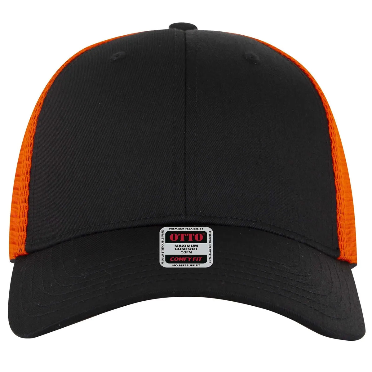 Otto 83-2 ?Otto Comfy Fit’ 6 Panel Low Profile Mesh Back Trucker Cap - Blk/blk/org - 7 3/8’’ - 5/8’’